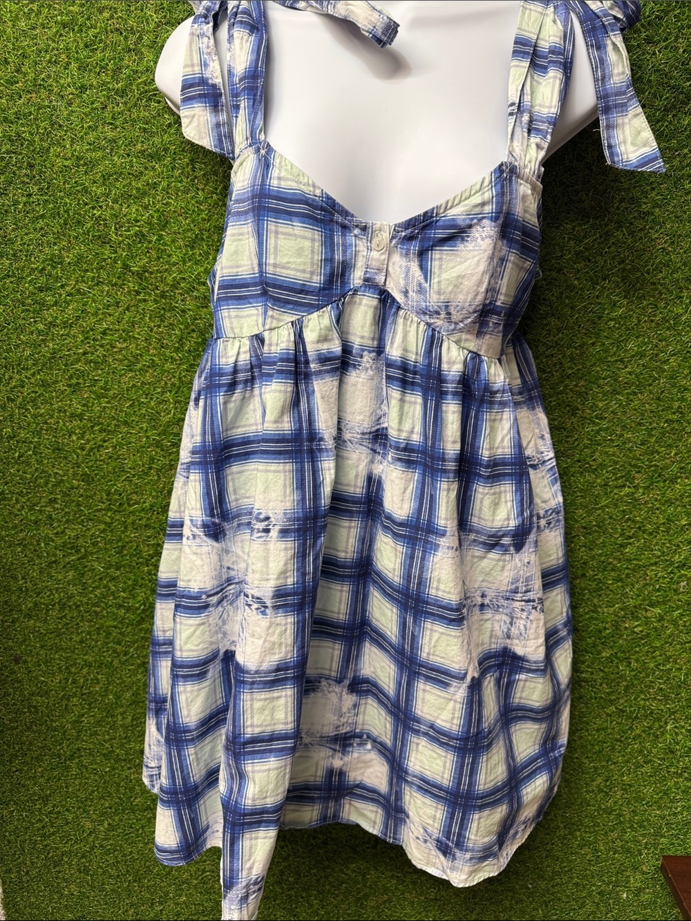 Urban Outfitters Blue and Cream Plaid Tie-Shoulder Sundress